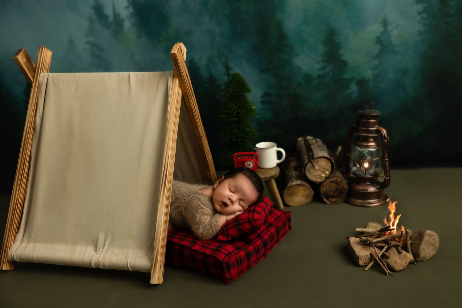 A cozy winter cabin interior with plaid blankets, firewood, and a coffee mug creating a warm rustic atmosphere.