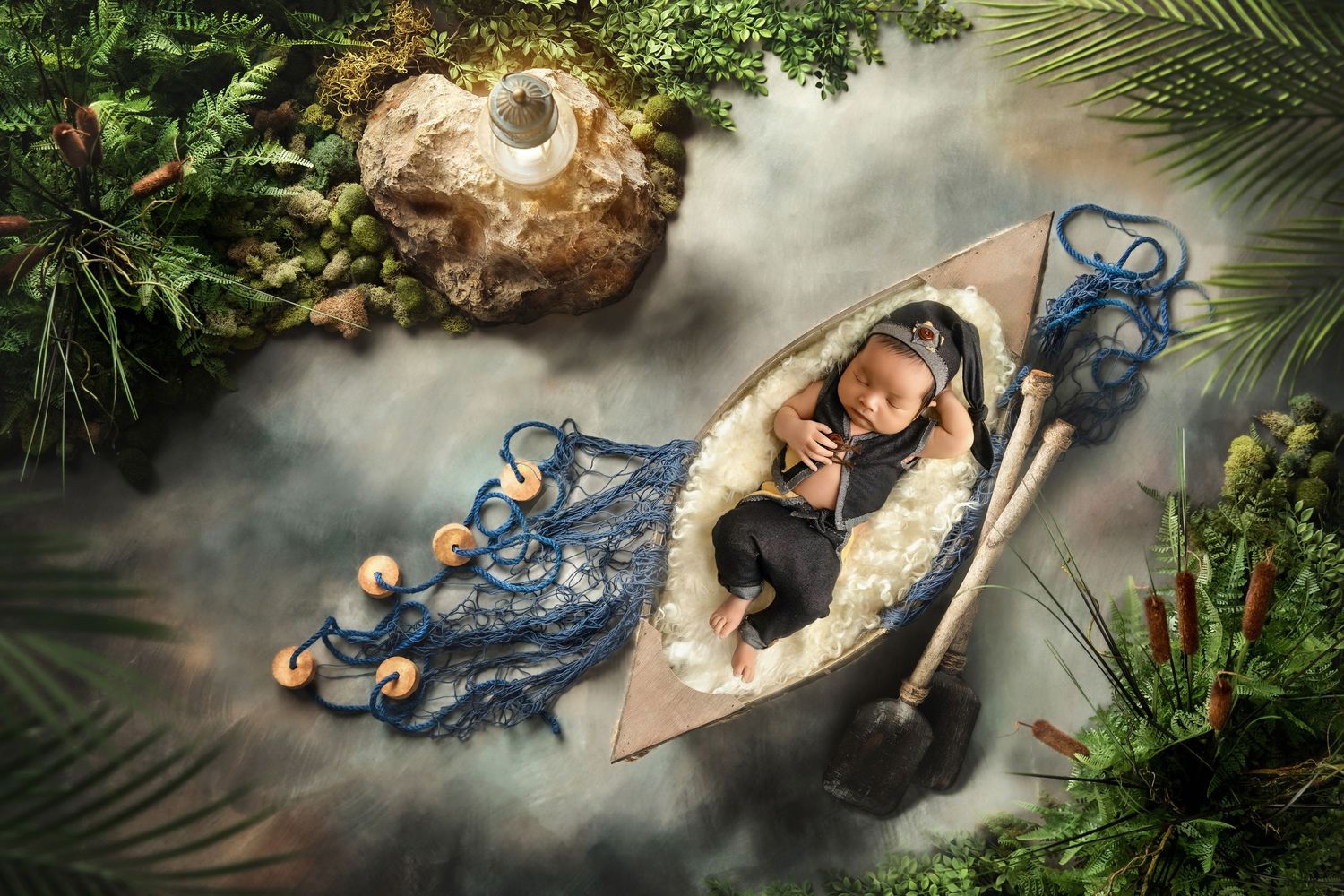 Artistic newborn photography setup with wooden boat prop surrounded by blue fabric and greenery in misty setting.