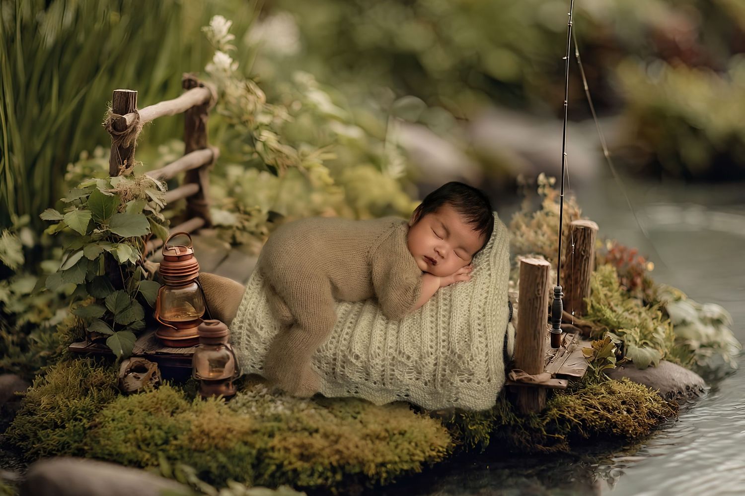 A collection of miniature fantasy scenes with tiny figures, mushrooms, and magical woodland elements arranged in a storybook style.