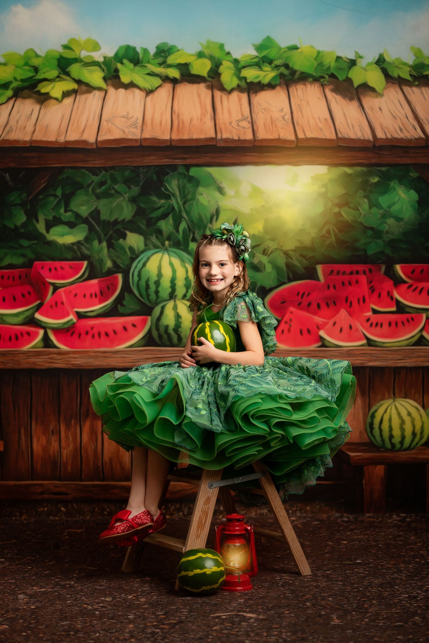 Artistic photo series of a green dress against rustic wood backdrop with watermelon props and whimsical garden styling.