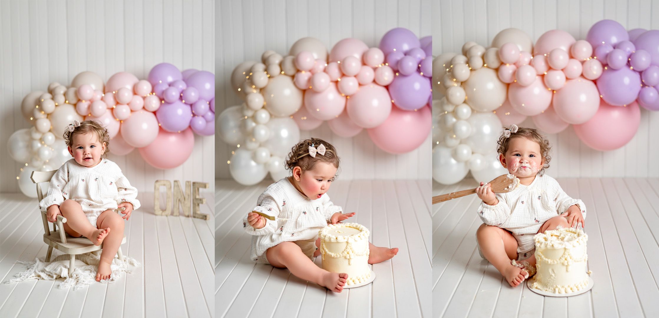 A series of soft and neutral-toned baby photography images arranged in a horizontal collage layout.
