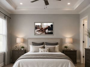 Elegant master bedroom with tray ceiling, neutral gray walls, upholstered headboard, matching nightstands, and framed wall art.