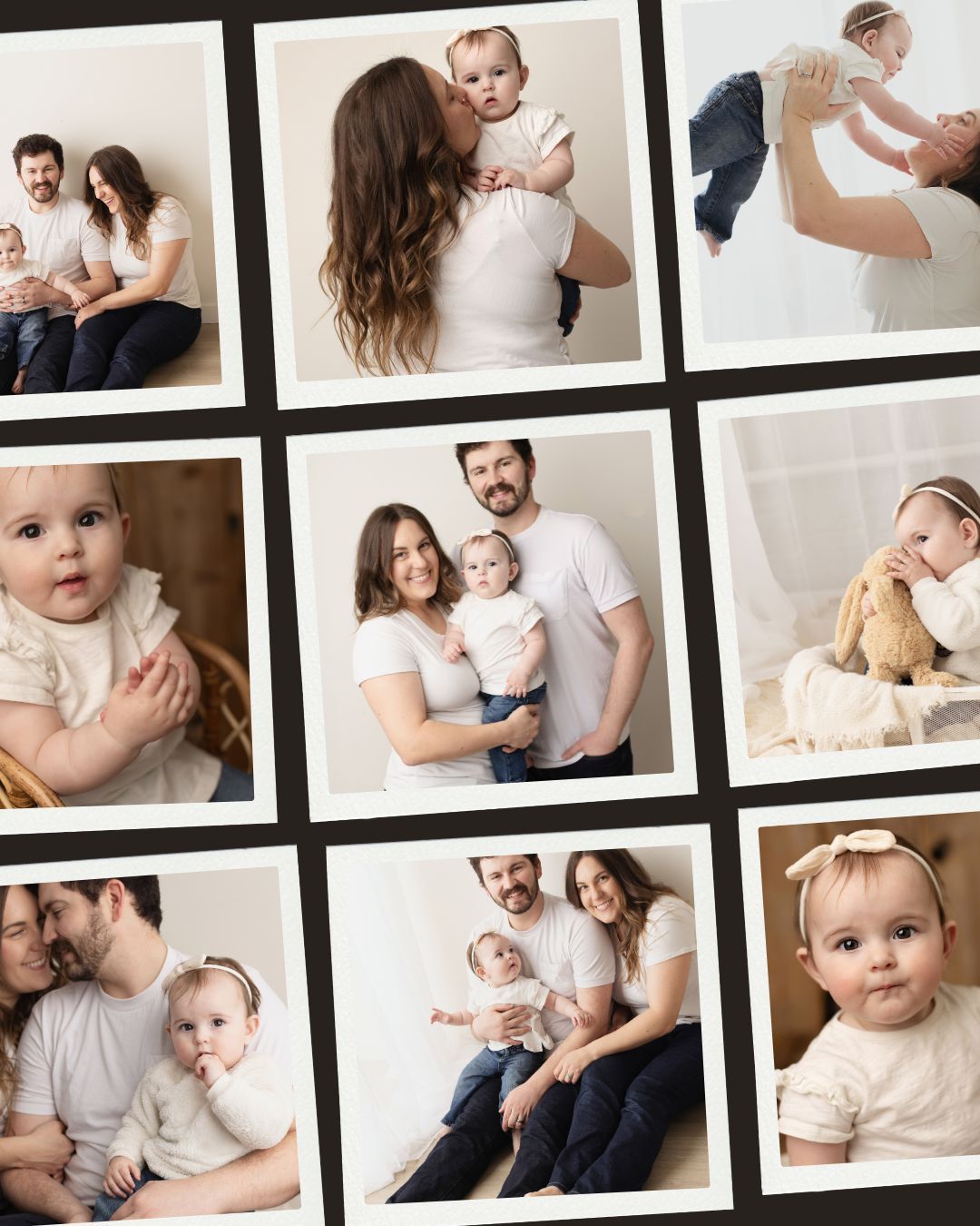 A collection of intimate family photography portraits in soft neutral tones showing tender moments between parents and children. Elizabeth L