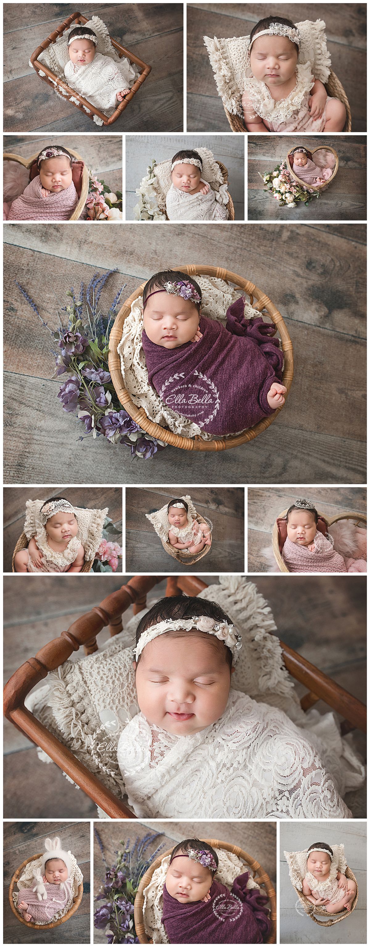 Professional newborn photography collection featuring delicate lace, floral accents, and vintage wooden baskets in soft neutral tones.
