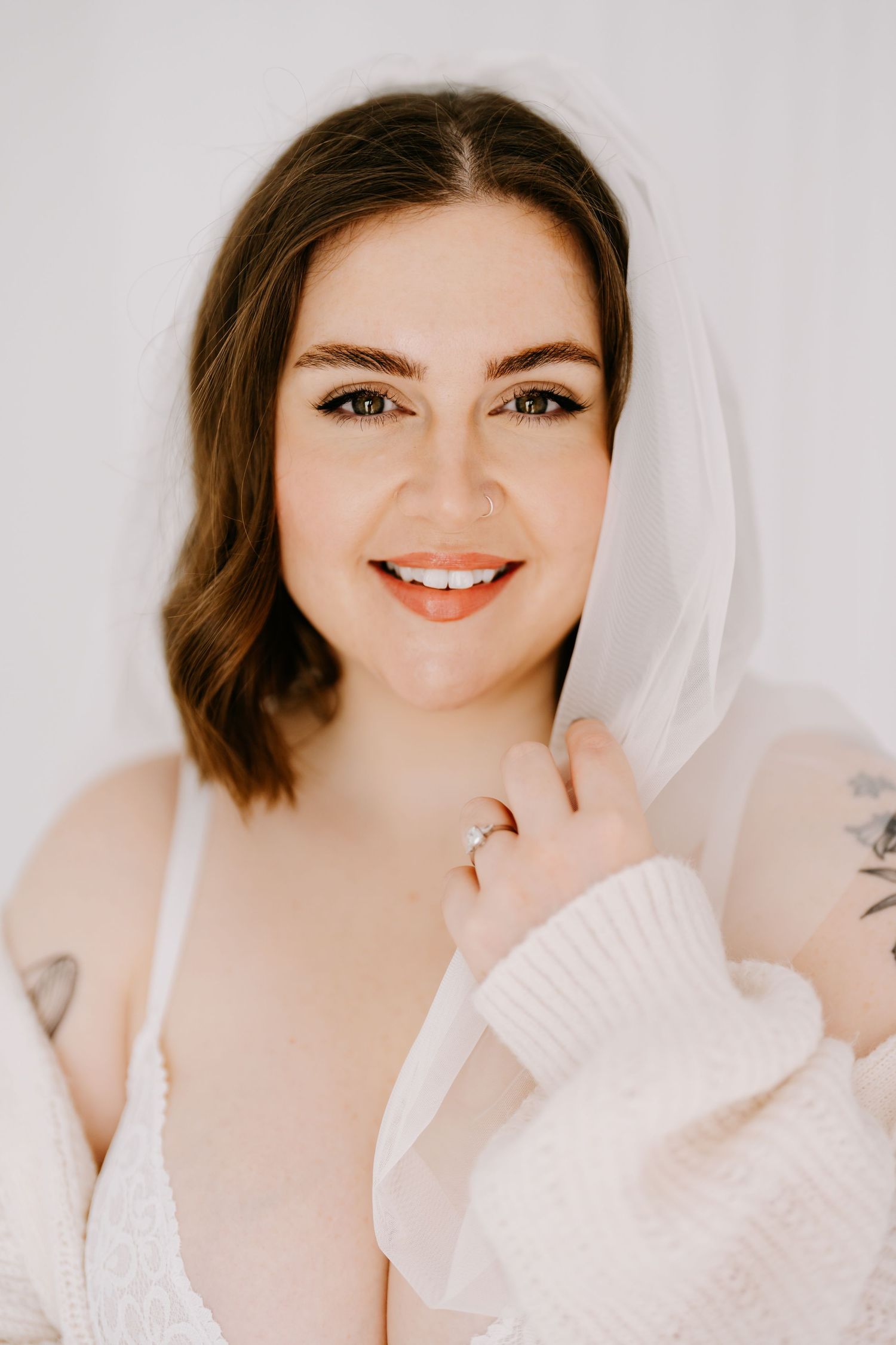 Collage of bridal portraits showing a soft, romantic aesthetic with white veil and delicate styling.