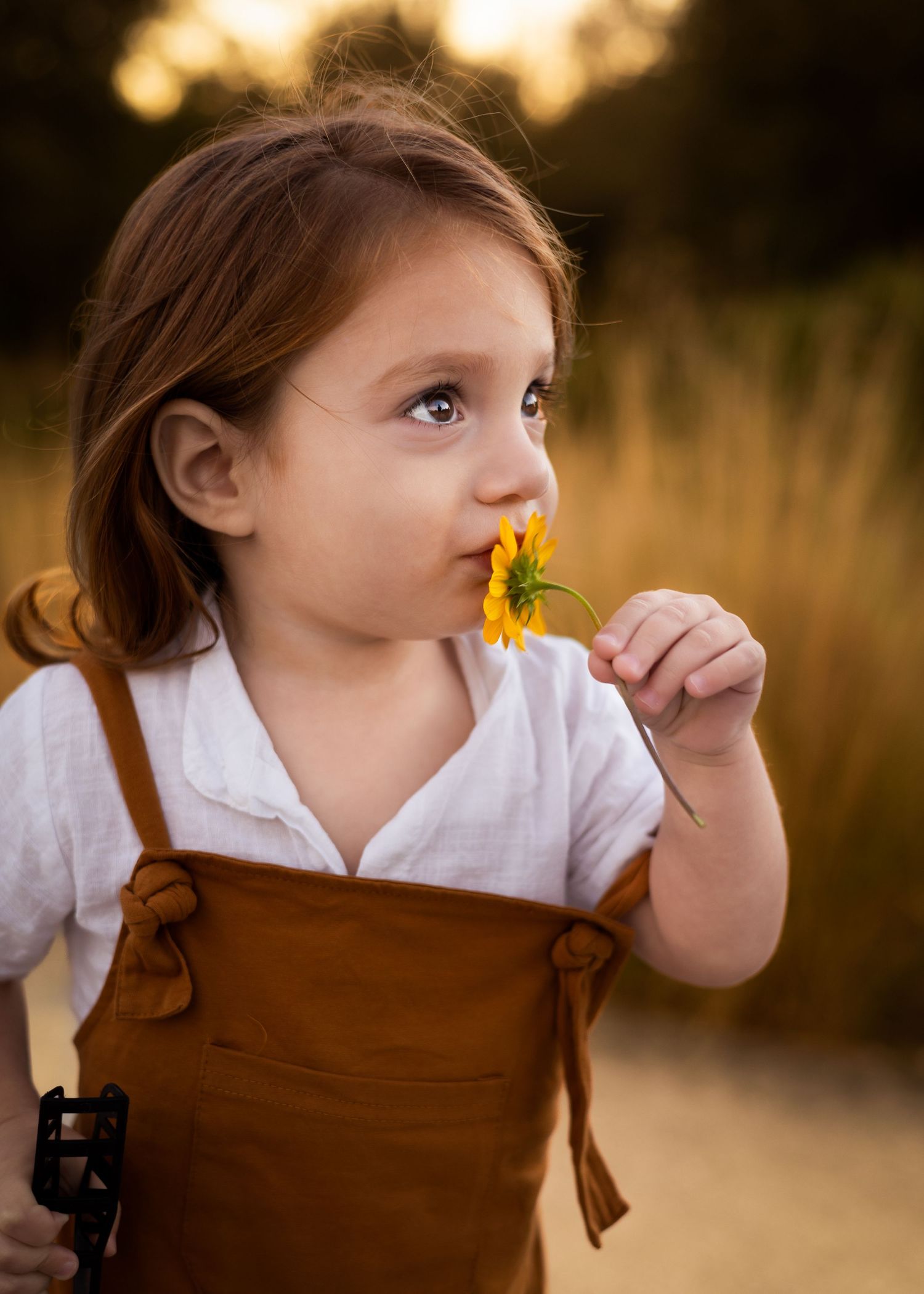 Young girl in brown overalls smelling a yellow flower outdoors in golden hour light.