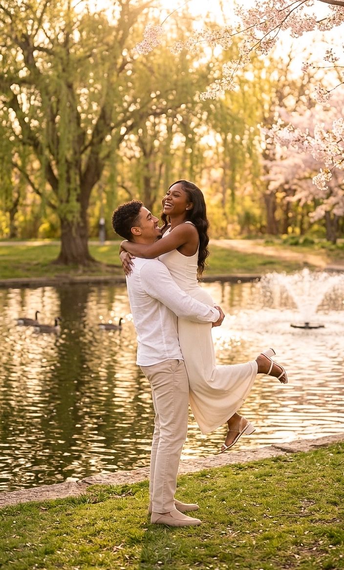 Joyful interracial couple embracing by pond with cherry blossoms and weeping willows at golden sunset.
