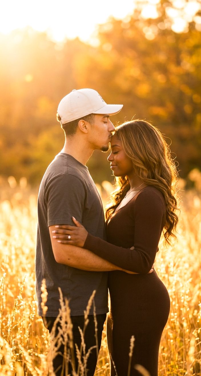 Romantic interracial couple facing each other in golden sunlit field of tall grass at sunset.