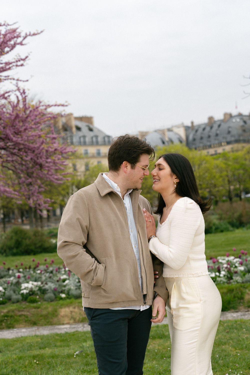 Paris couples session Tuileries spring cherry blossom editorial paris photographer