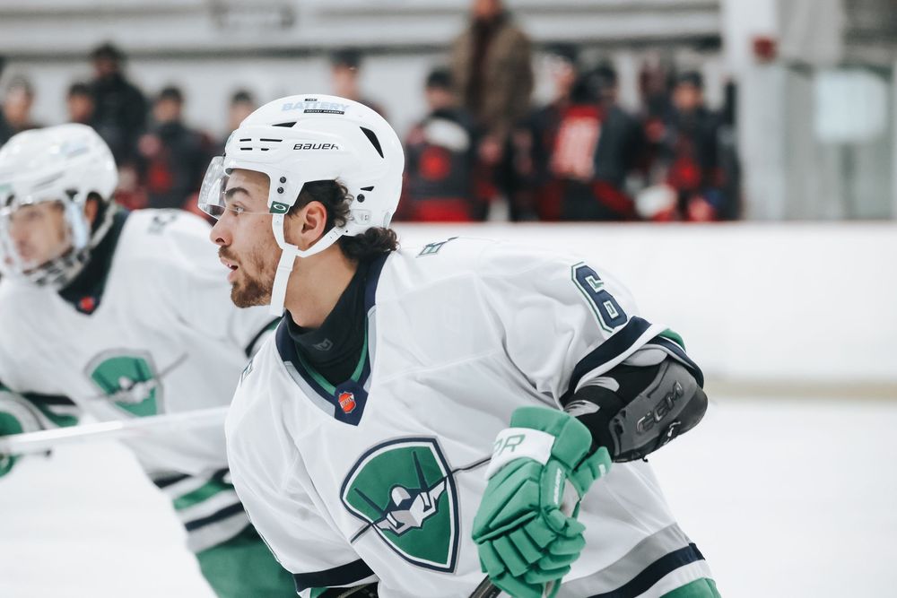 Hockey players in white and green uniforms compete during indoor match.