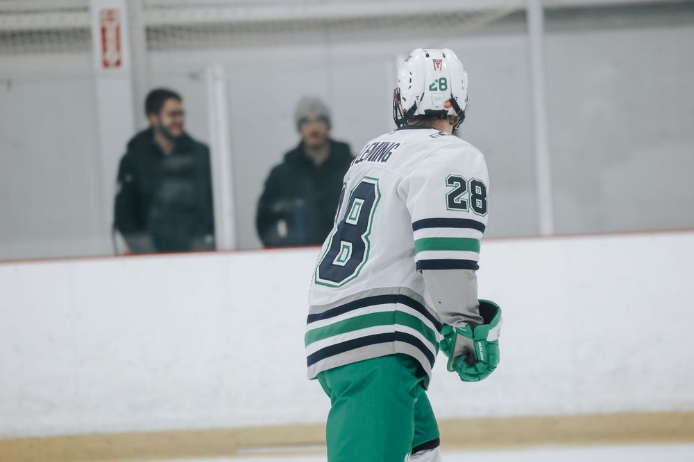 Hockey player in striped jersey stands on ice rink during game.