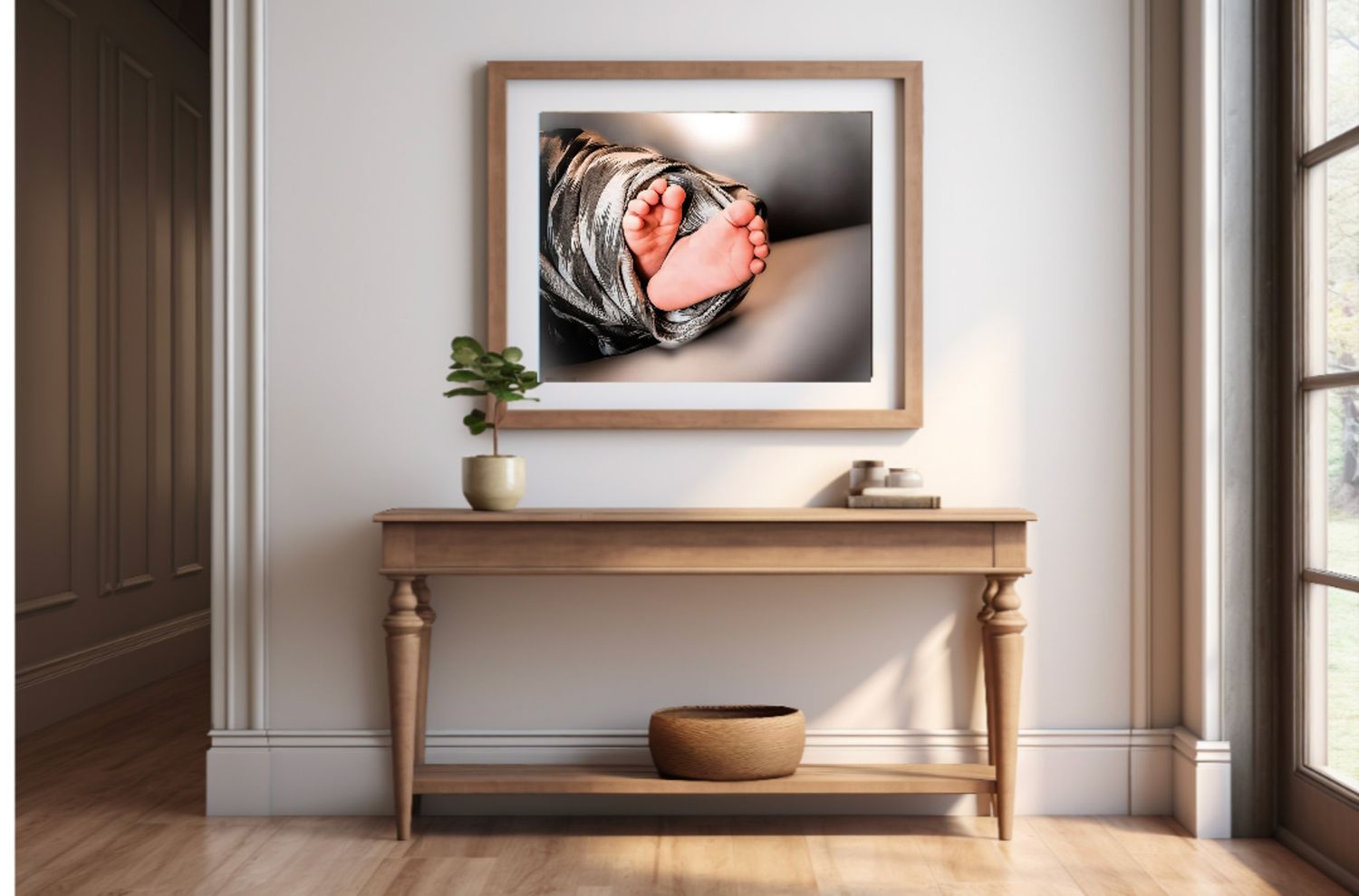 Minimalist interior design scene with wooden bench and framed artwork in a sunlit white room.
