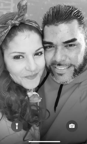A series of four black and white selfie photos showing a couple posing together with smiles.