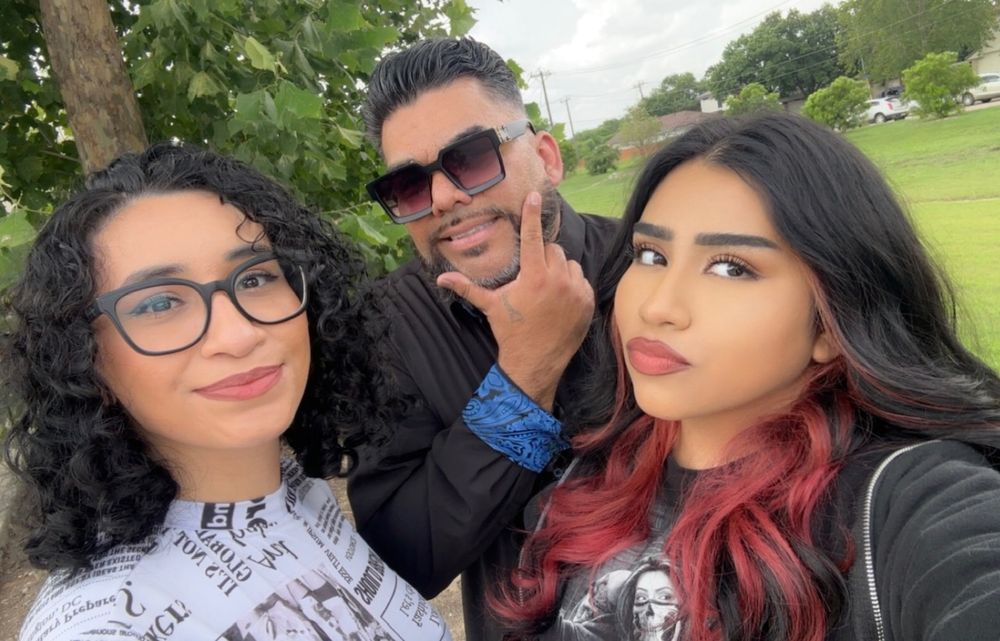 A series of outdoor selfies showing people enjoying a sunny day in a park setting.