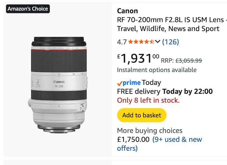 Canon RF 70-200mm F2.8L IS USM lens product listing on Amazon showing price and delivery details.
