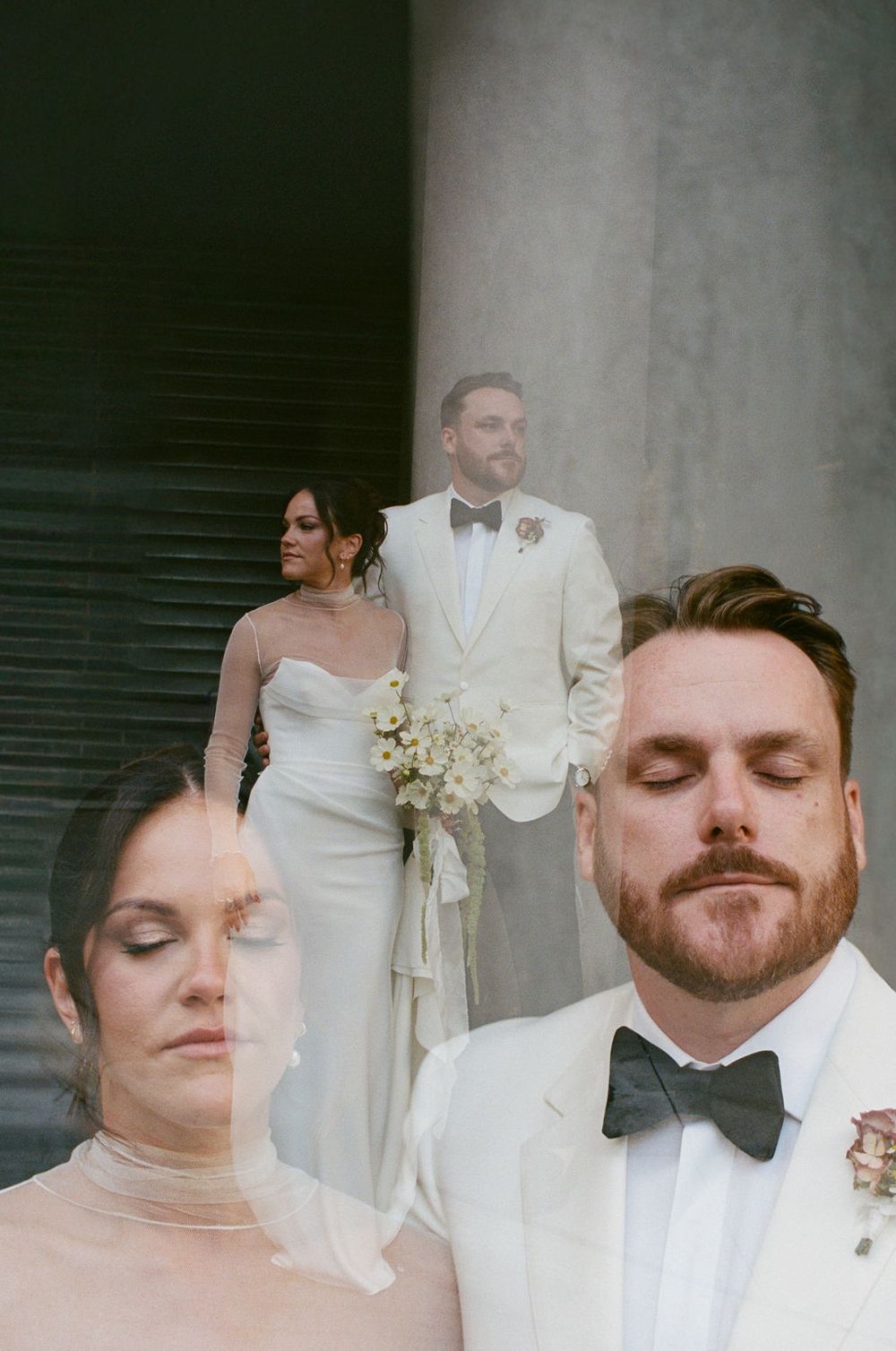 Double exposure of bride & groom on film, downtown Toronto. Howdy Pictures - film wedding & elopement photographers in Canada & New Zealand