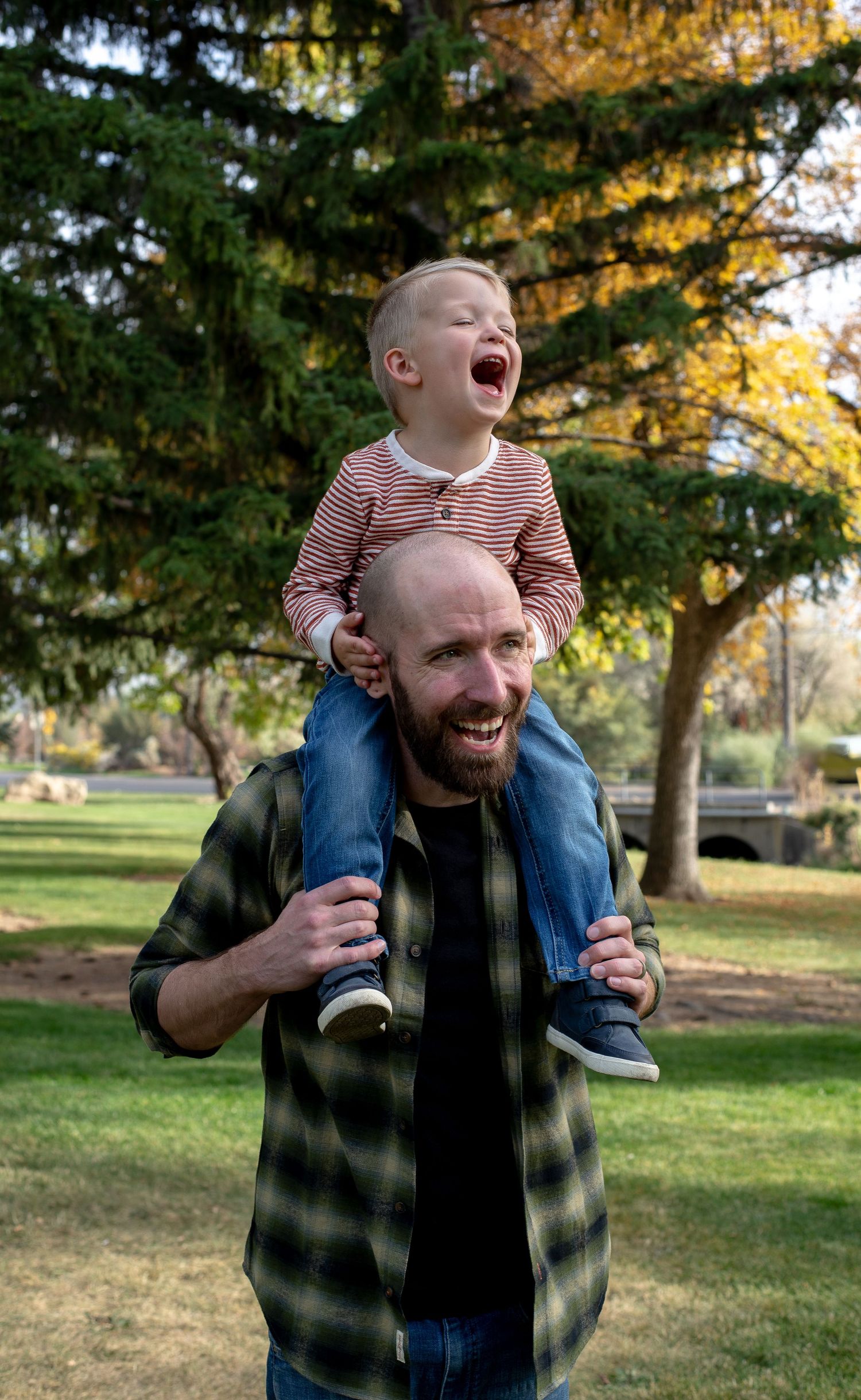 A toddler sits on his dad's shoulders in a green park with filtered natural light for candid family photos at CSI in Twin Falls, Idaho.