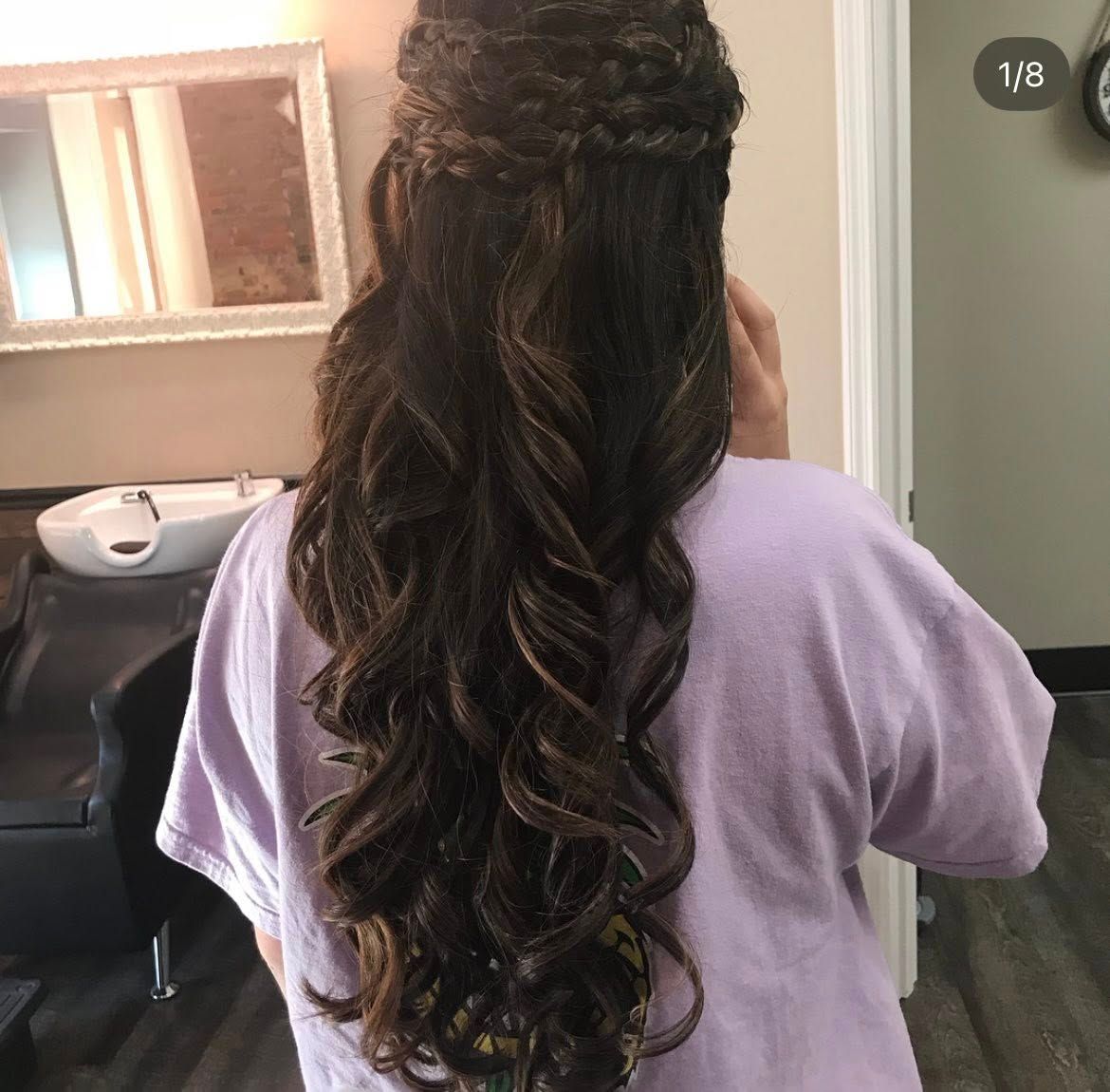 Long dark curly hair shown from multiple angles in a photo collage with purple shirt.