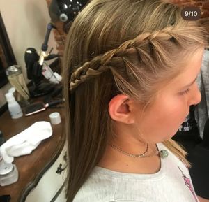 Side view of a braided hairstyle featuring a French braid crown detail along the side with straight long hair.
