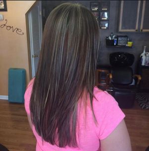 Series of photos showing long straight dark hair from different angles in a pink shirt.