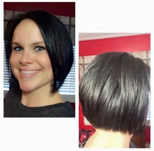 Short black bob hairstyle shown from multiple angles with sleek straight styling and side-swept bangs.