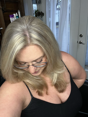 A series of five photos showing blonde hair styled in different angles against a light interior background.