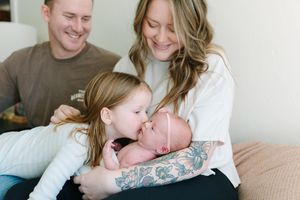 A series of tender family moments captured in a photo collage showing parents with their young children.