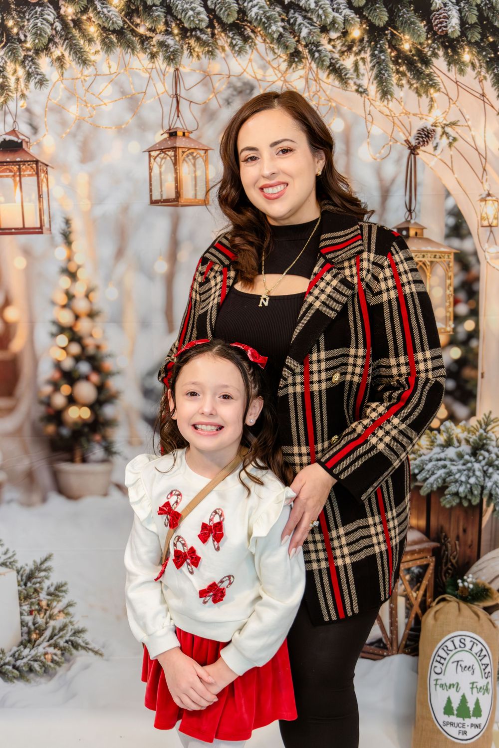 Holiday portraits featuring coordinating plaid and red outfits against a snowy winter backdrop with twinkling lights.
