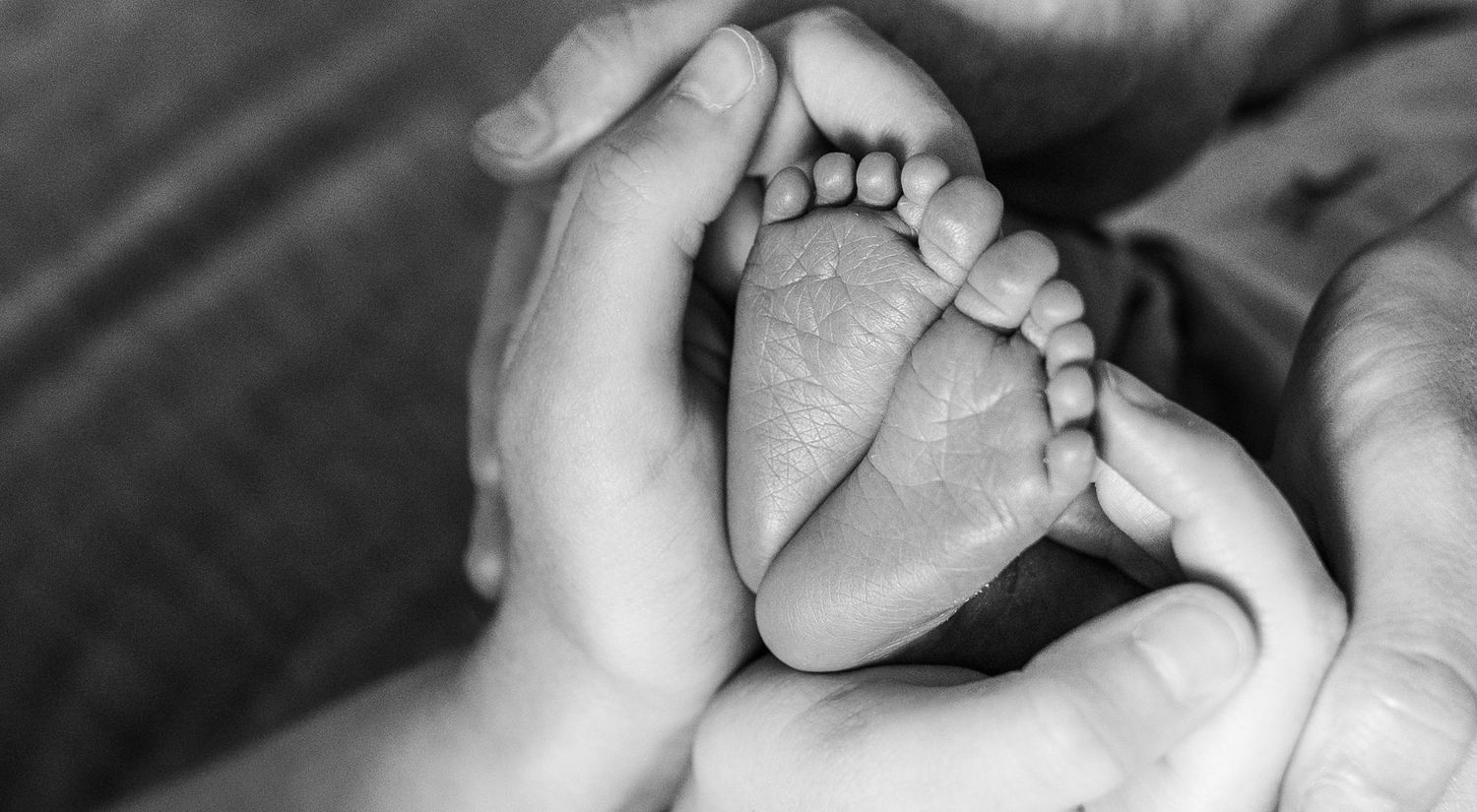 Black and white close-up of parents gently holding their newborn baby's tiny feet.