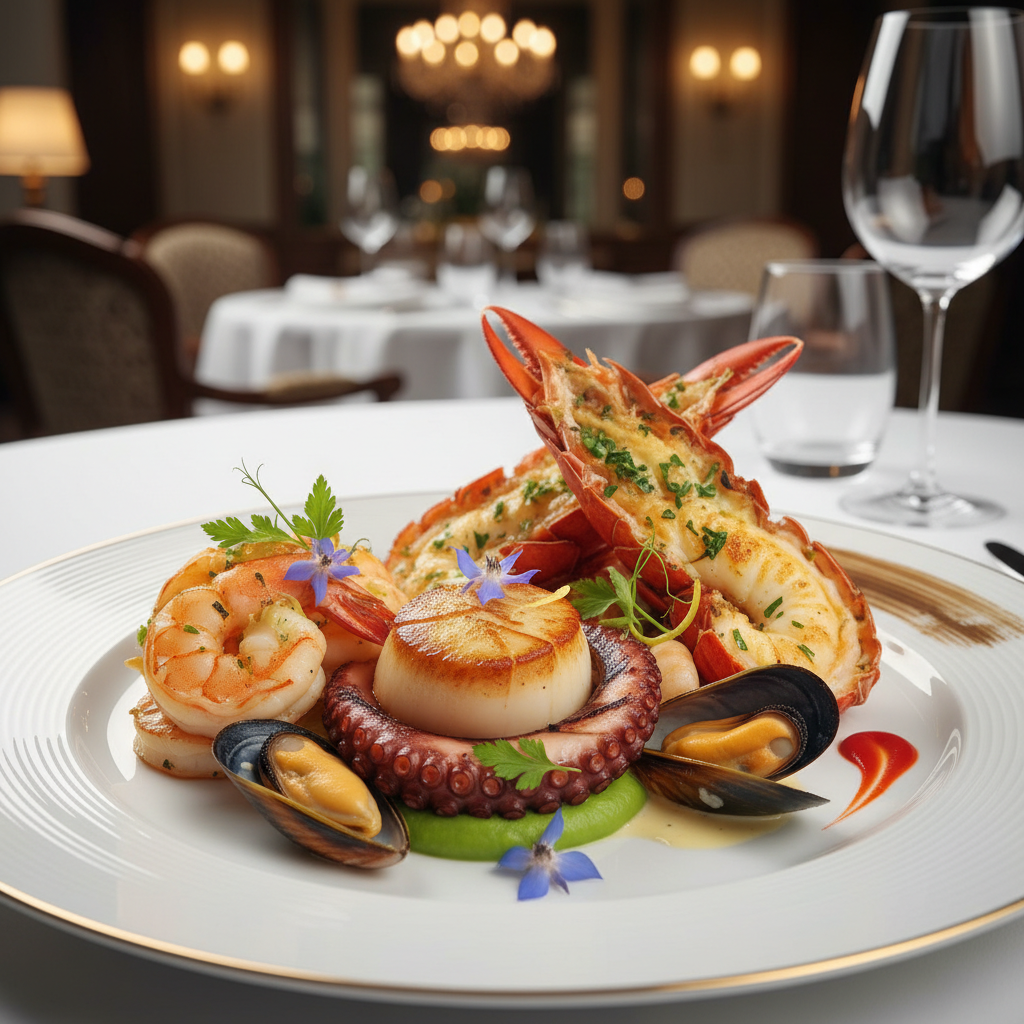 Elegant seafood dish with grilled shrimp, scallops, octopus and mussels garnished with edible flowers in upscale restaurant setting. Flying
