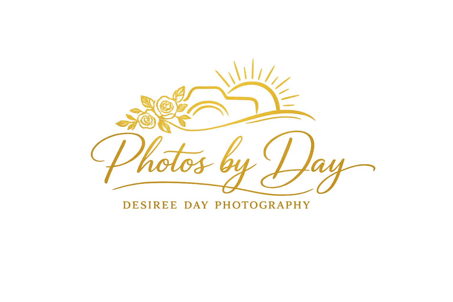 A rustic wedding photography logo design with elegant calligraphy and decorative sun and cloud elements.