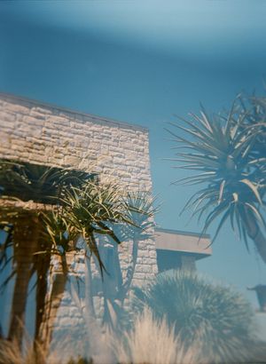 Modern stone architecture with tropical palm trees against bright blue sky.
