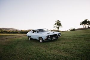 Vintage white cars parked on a grassy hillside with mountains and palm trees in the background at sunset.