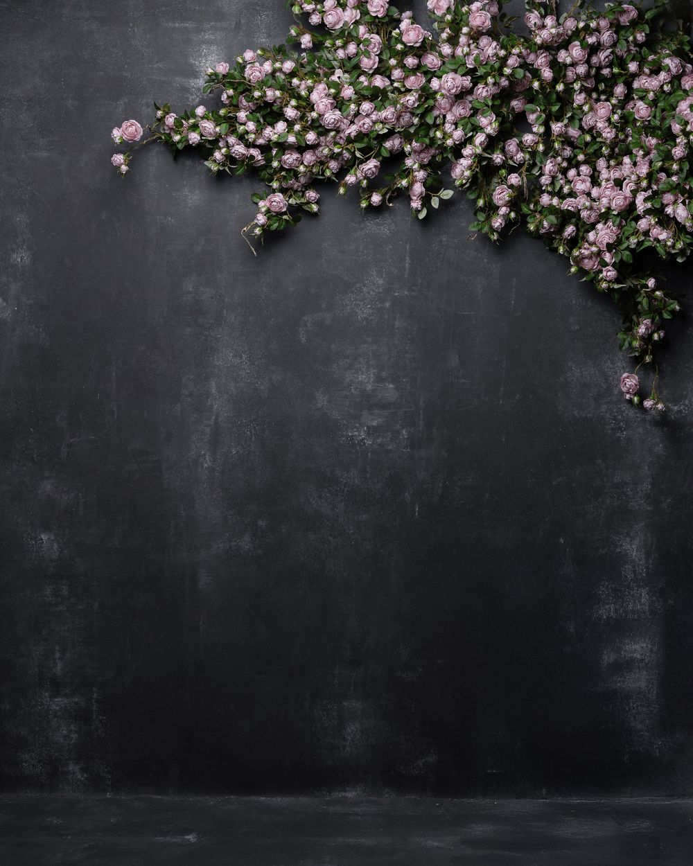 Pink cherry blossoms decorate the top corner of a dark gray concrete or slate textured background.