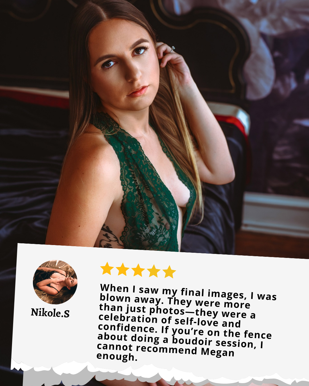 A series of professional portrait photos in green attire with review text overlay showing 5-star ratings.