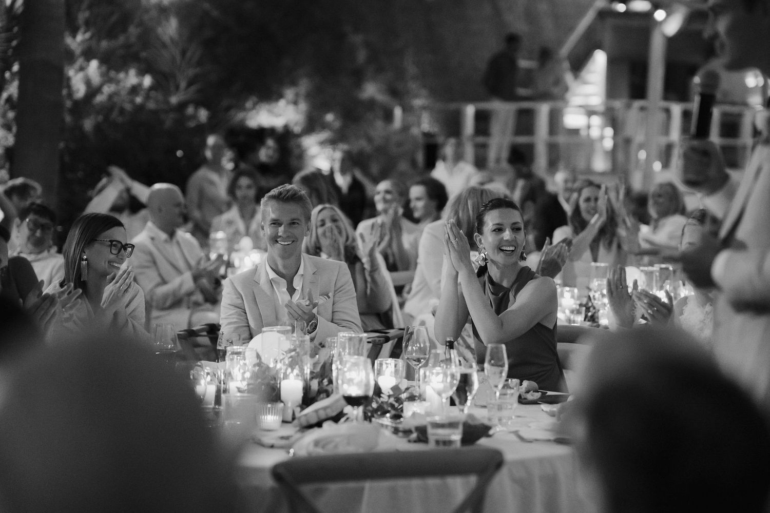wedding guests laughing during speeches at Amante Ibiza