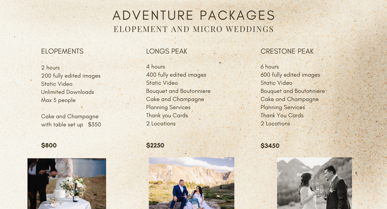 Three wedding photography packages shown on beige paper with pricing and service details for elopements and adventures.