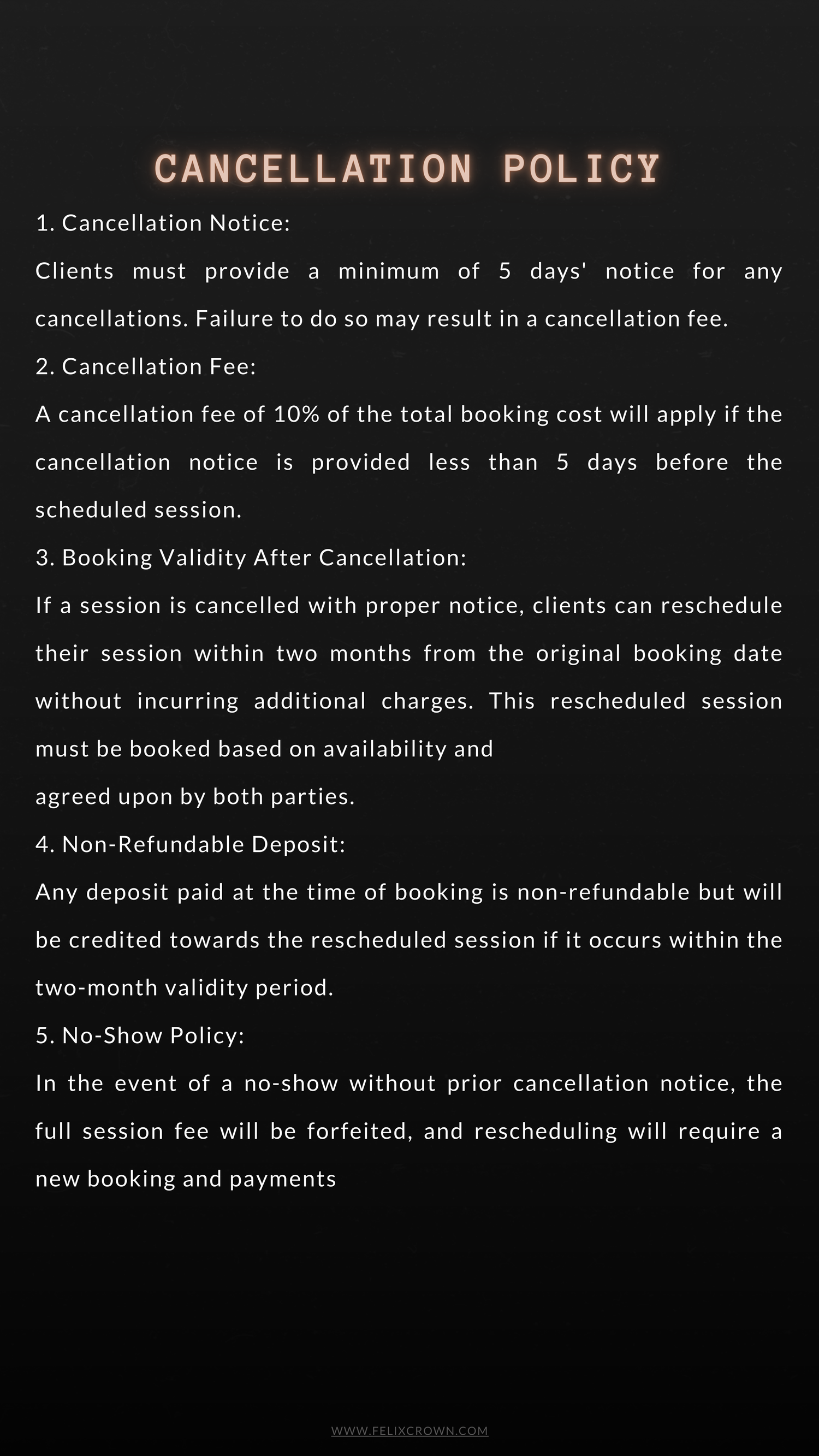 Photography studio cancellation policy outlined in white text on black background.