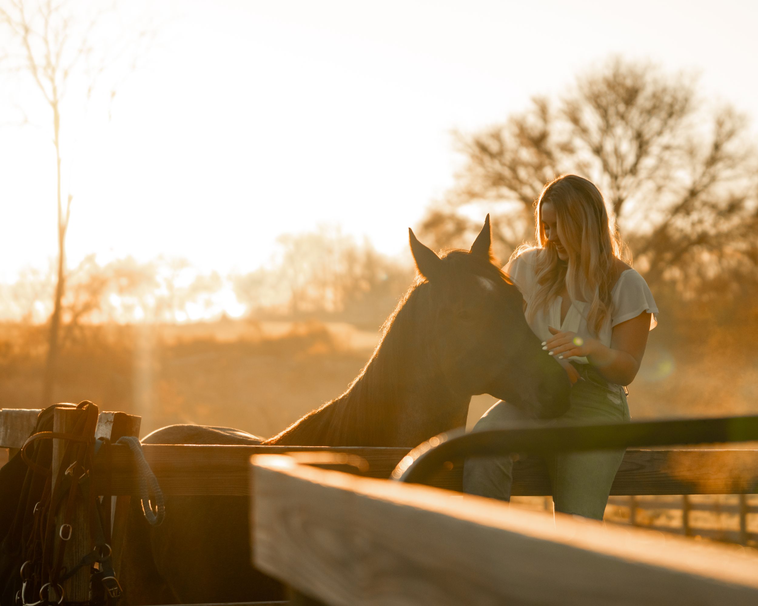 Person sitting on wooden fence with horse during golden sunset at ranch.