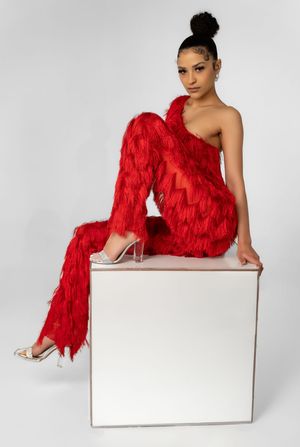 Charleston high fashion studio portrait in bold red feather couture
