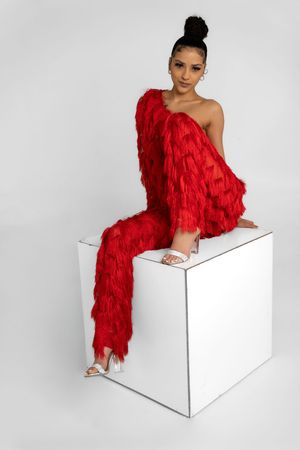 Charleston editorial women’s portrait with dramatic red textured styling