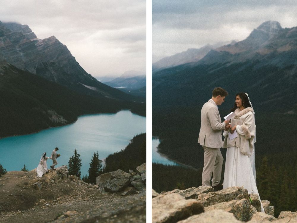 bride smiles as groom reads vows on hiking trail at Peyto Lake during their Banff Elopement