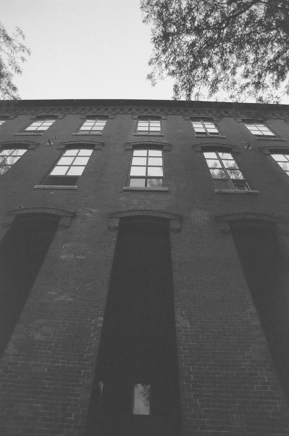 Low angle view of a brick building facade with rows of square windows and tree branches visible against a cloudy sky.