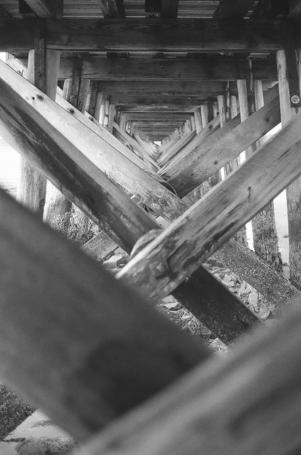 Black and white architectural detail showing wooden beams and supports creating geometric patterns under a structure.