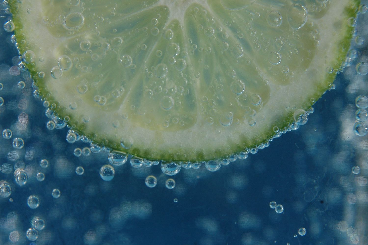 Sliced limes floating in sparkling water with bubbles against a dark blue background.