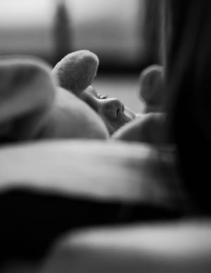 A peaceful black and white close-up photograph showing soft bedding and gentle lighting.
