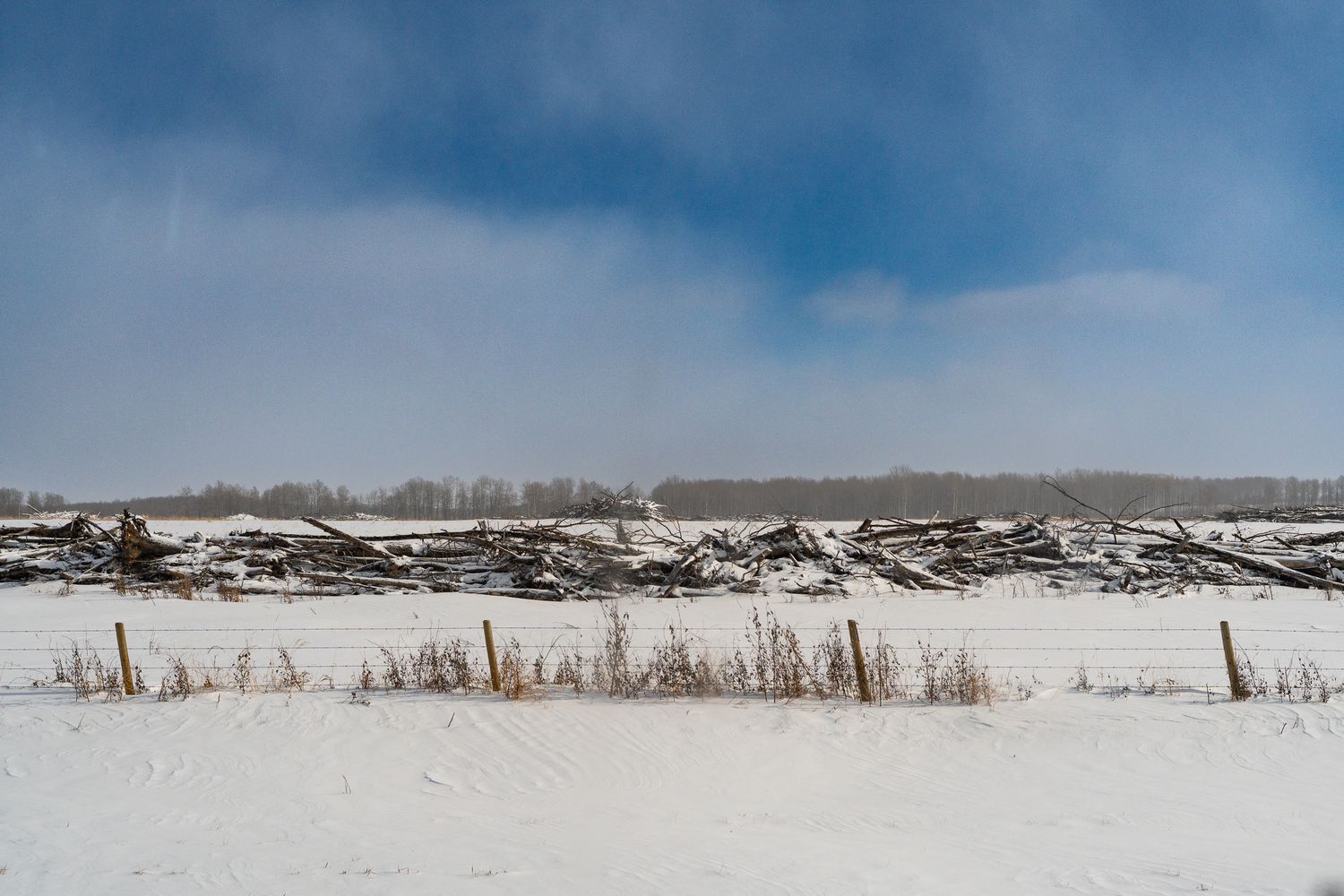 Snow-covered rural field with collapsed wooden fence remains and bare trees on the horizon.