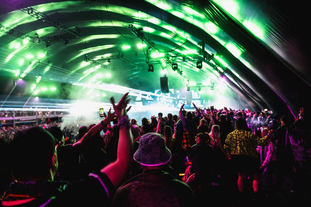Concert crowd silhouettes under green stage lighting during an energetic music festival performance.