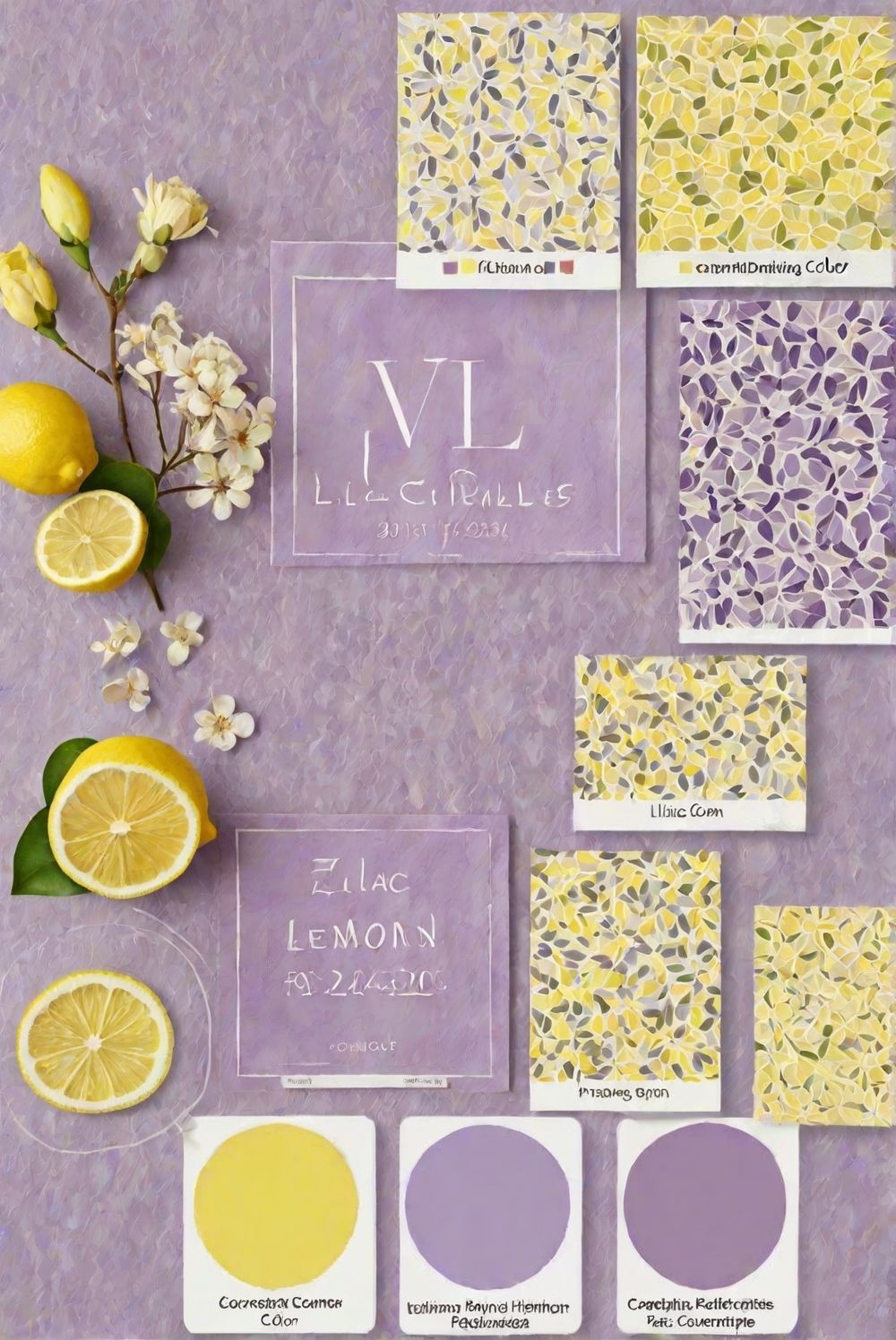 Lilac and lemon yellow wedding color palette mood board with fabric swatches and fresh citrus fruits.