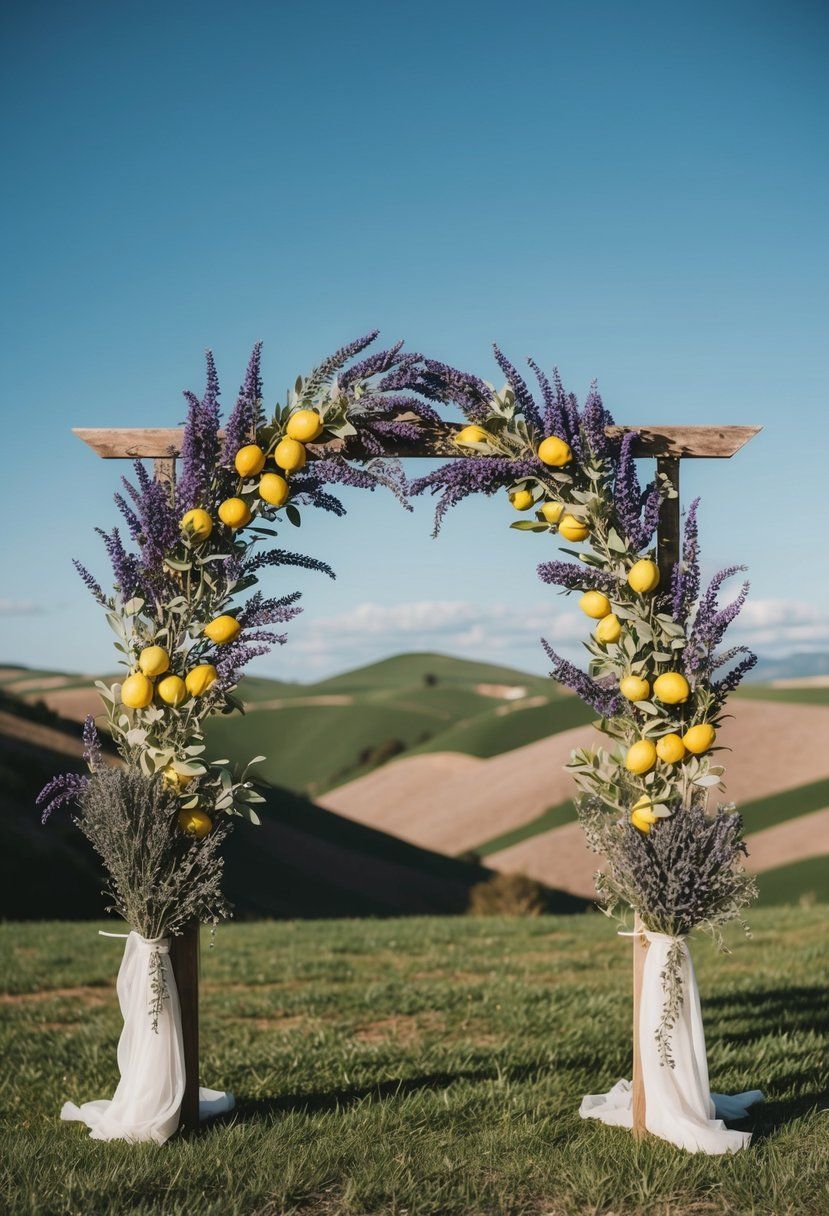 Rustic wooden wedding arch adorned with purple lavender and fresh yellow lemons in scenic hillside setting.